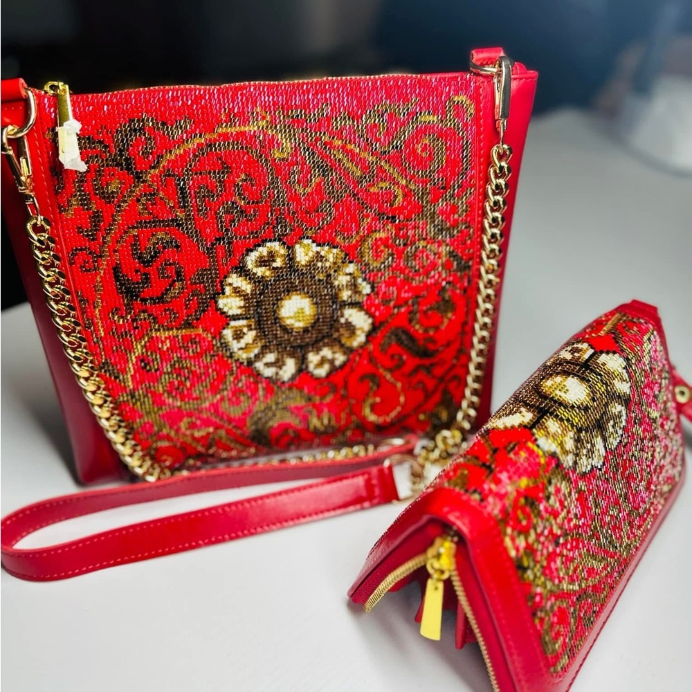 One-of-a-Kind Hand-Beaded Leather Bag & Wallet Set – 150 Hours of Art